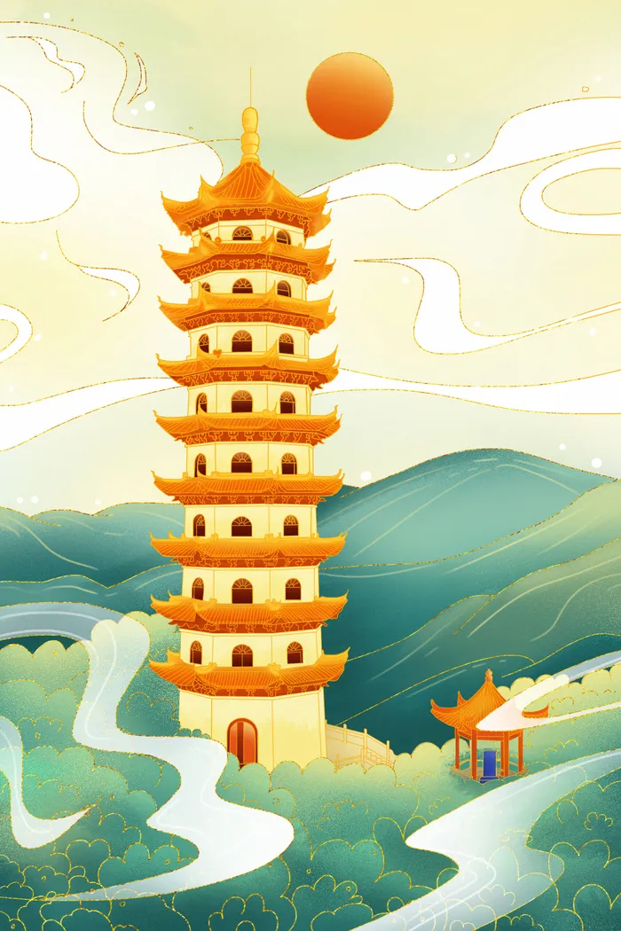 中国风国潮烫金仙鹤山水古建筑风景装饰插画背景PSD分层设计素材psd模版下载