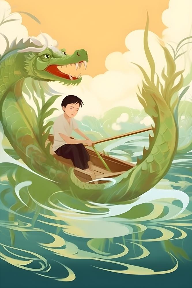 水上划船龙舟水草卡通插画背景(2688x4032)