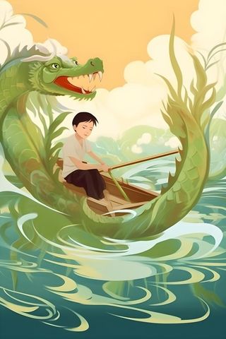 水上划船龙舟水草卡通插画背景