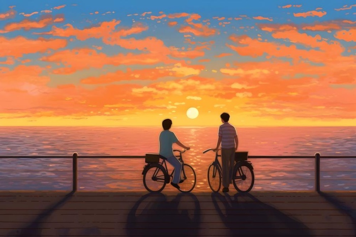 夕阳下骑自行车海边背景