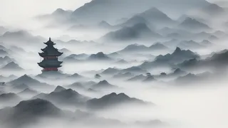 大气写意中国传统水墨画山水插画壁纸-楼