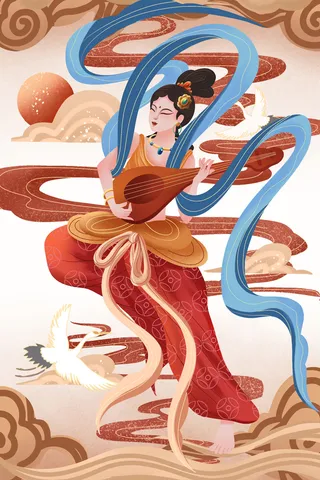 复古中国风国潮神话人物敦煌插画仙女手绘海报背景PSD设计素材