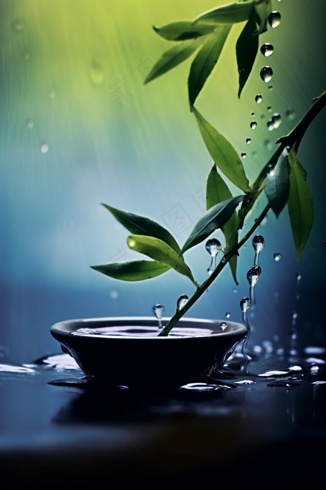 杯子枝叶水珠露珠淡雅背景(896x1344)