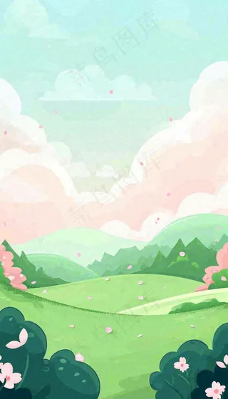 春天卡通手绘绿色的山景和开满粉红色画的树，春游，踏青，春分