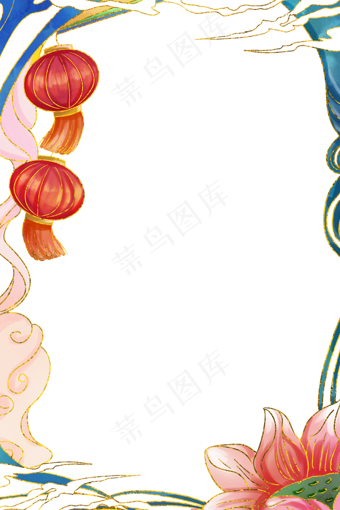 国潮手绘古风海浪花朵祥云装饰边框相框免抠