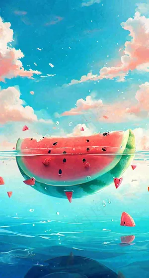 夏天海洋海面水面西瓜水果冰霜清凉，夏至小暑