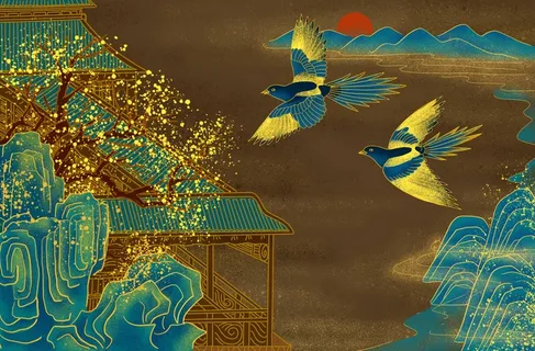 国潮烫金中国风仙鹤装饰画海报