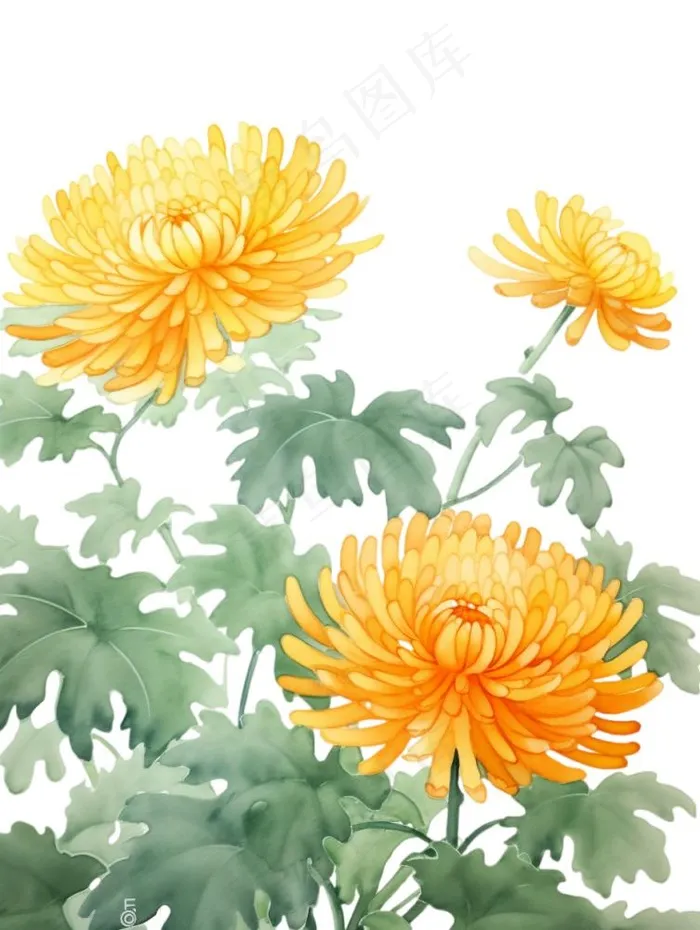 黄色菊花水墨画茶壶重阳节元素免抠(928x1232)