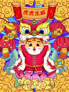 虎年新年海报展板psd模板红色喜庆插画虎虎生威 虎年新年海报展板psd模板红色喜庆插画虎虎生威