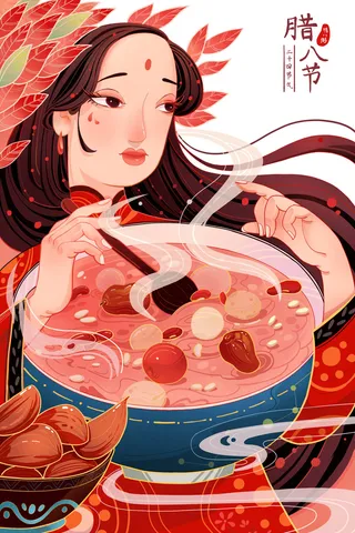 中国传统节日手绘卡通腊八节腊八粥插画海报PSD格式设计素材