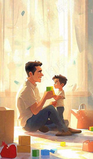 父亲节温馨父爱陪伴孩子玩耍手绘插画