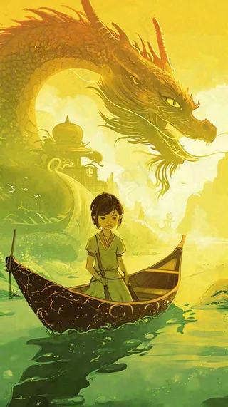 国风中国龙龙年落日黄绿色意境海浪插画手绘