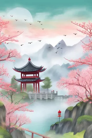 浪漫古风山水风景插画背景