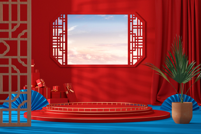 中国风古典喜庆C4D背景图3D国潮场景促销活动海报PSD设计素材模板