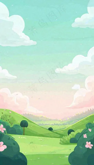 春天卡通手绘绿色的山景和开满粉红色画的树，春游，踏青，春分