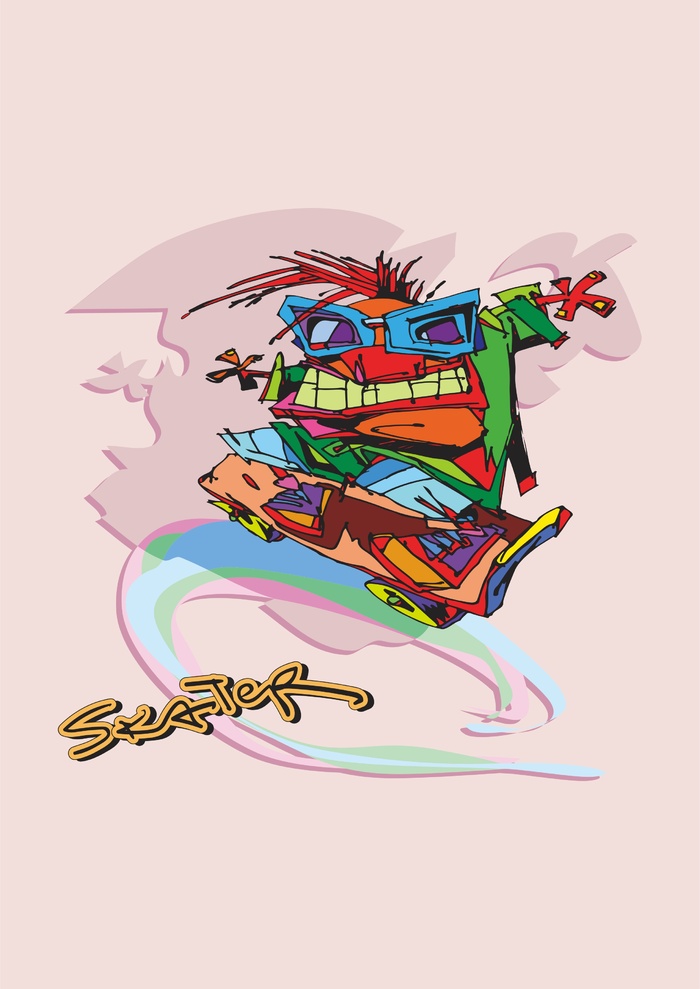 抽象涂鸦怪兽玩滑板