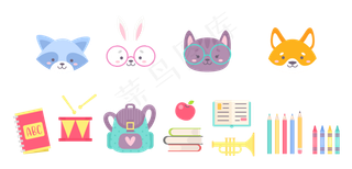 暑假招生海报素材矢量插画学校动物书包文具铅笔图标