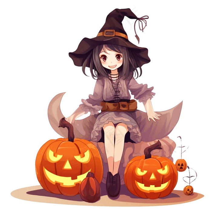 万圣节女巫南瓜灯捣蛋卡通插画免抠