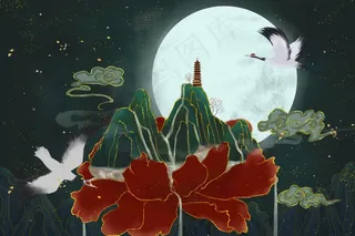 国潮鎏金复古烫金国风孔雀仙鹤装饰画素材PSD