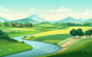 乡村村庄美丽风景河流插画农田插画背景