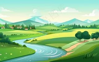 乡村村庄美丽风景河流插画农田插画背景