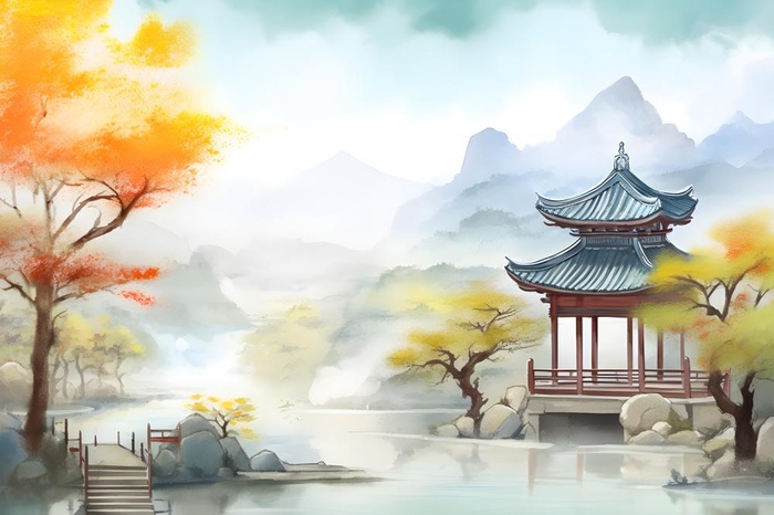 国风庭院简约清新阳光背景(3600x2400)