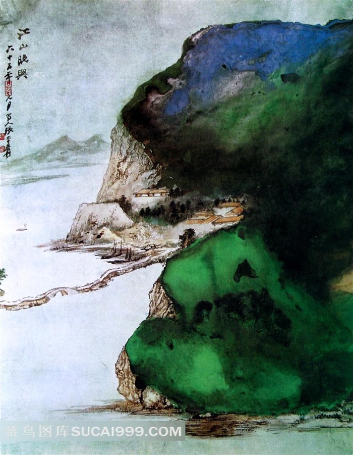 张大千水墨山水国画作品--江山晚兴