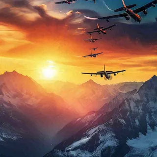 落日下的连绵山脉，飞机战斗机，冰川云海
