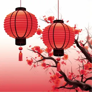 红灯笼梅花树枝喜庆插画素材背景