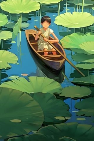 男孩在池塘荷叶划船插画背景