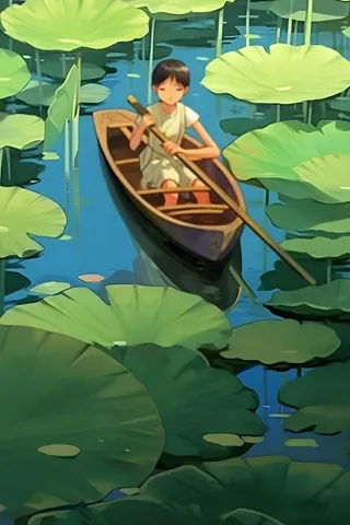 男孩在池塘荷叶划船插画背景