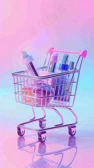 粉紫绚丽购物车采购电商美妆时尚，3D推车