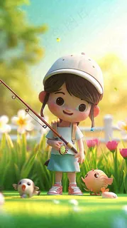 儿童节小女孩田间游玩小草小花，动物鱼类可爱