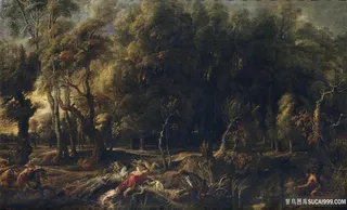 山林树林人物油画风景画