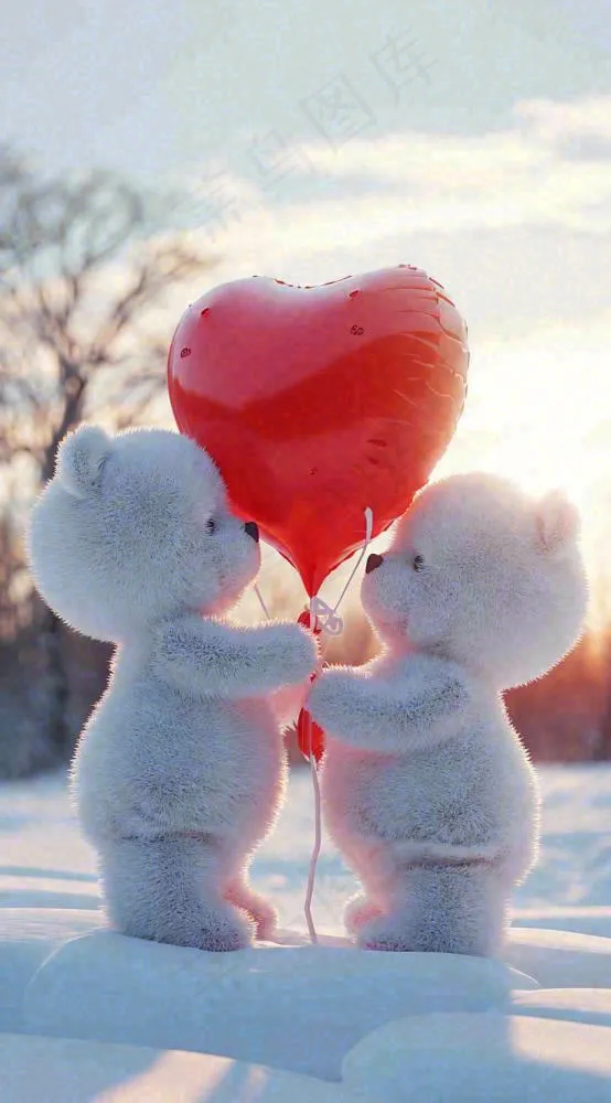 冬天爱心气球小熊浪漫情人节情人温馨，冬至小雪大雪摄影图(816x1472)