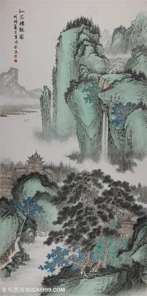 王军河现代工笔山水研究《仙岩楼观图》 王军河现代工笔山水研究《仙岩楼观图》