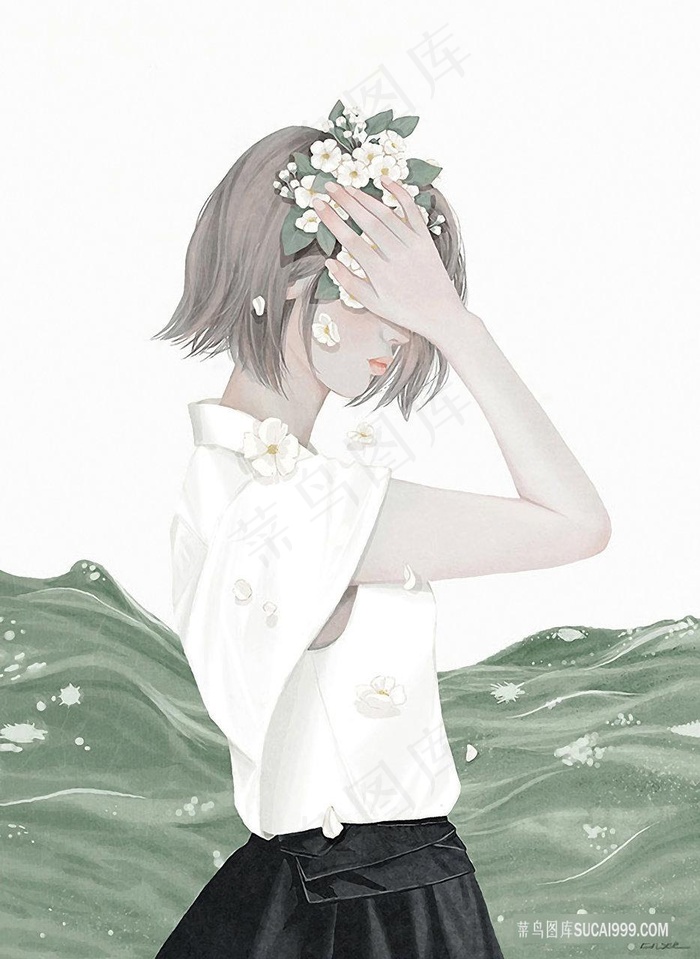 手护头花卉女孩装饰画