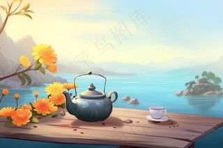 秋季山水赏菊泡茶重阳节插画素材