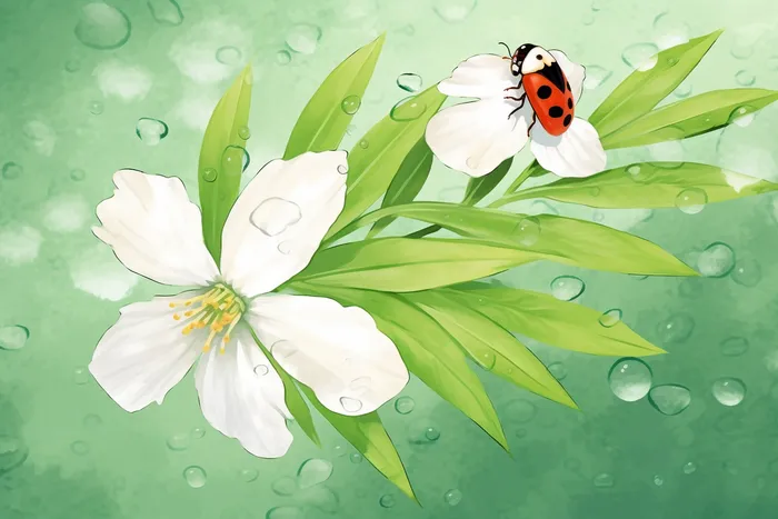 春夏白色花朵绿叶瓢虫昆虫卡通插画绿色背景