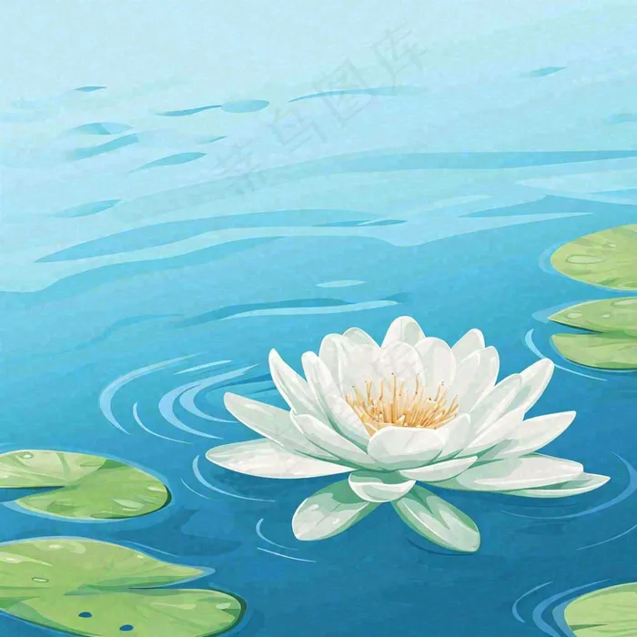 中国风夏日荷塘池白色荷花盛开手绘插画，立夏夏至大暑小暑(1024x1024)