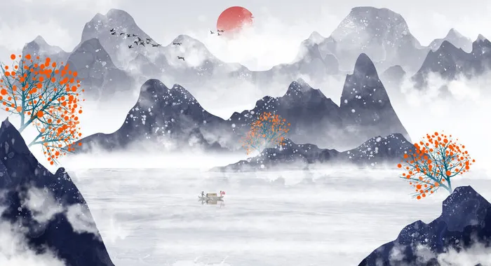 山川湖泊日出风光画PSD素材