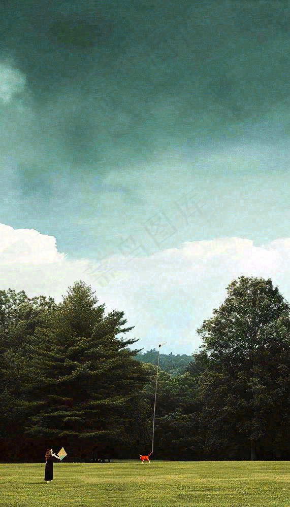 天空白云下的草坪放风筝，简约踏青春天摄影图