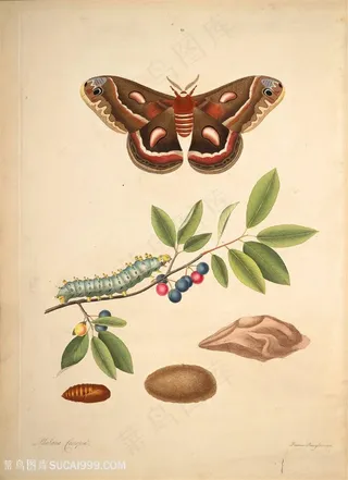 蝴蝶植物树枝毛毛虫复古图谱