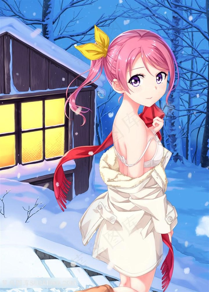 冬日雪地里的可爱性感女生动漫图片