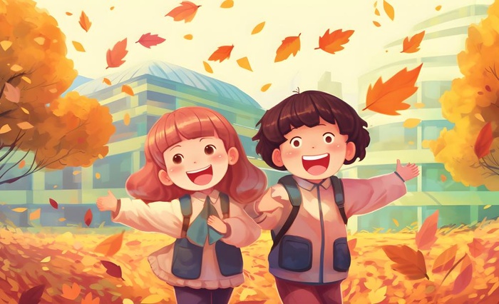 孩子们放学回家落叶欢乐卡通插画背景(3600x2193)