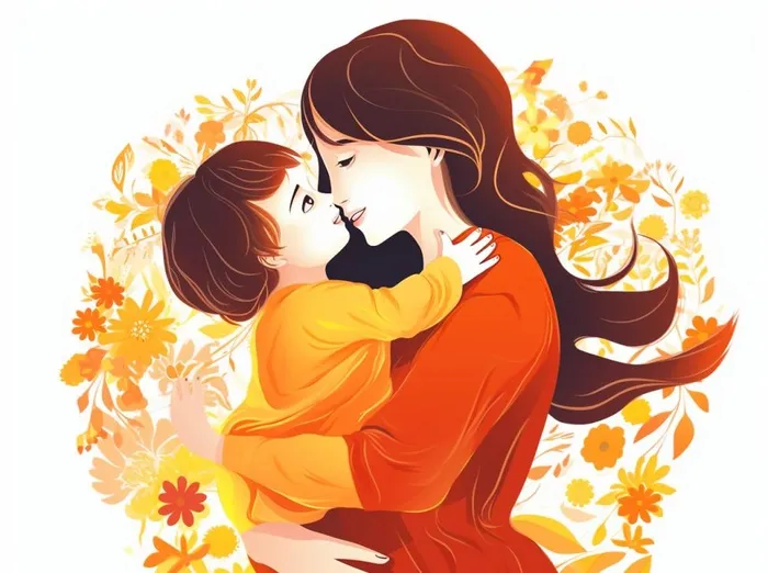 母亲节妈妈拥抱着孩子花海手绘插画素材海报背景(1264x944)