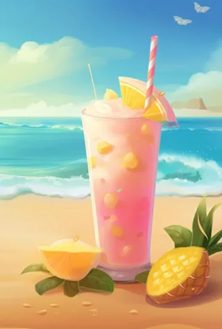 夏日沙滩饮料天空插画背景