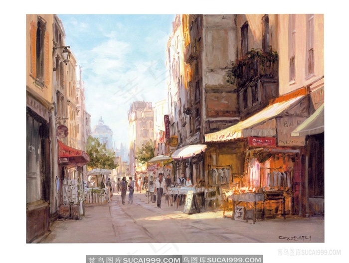 街道店铺建筑油画风景画