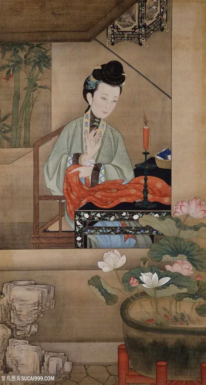 雍正十二美人缝补衣服图绘画图片