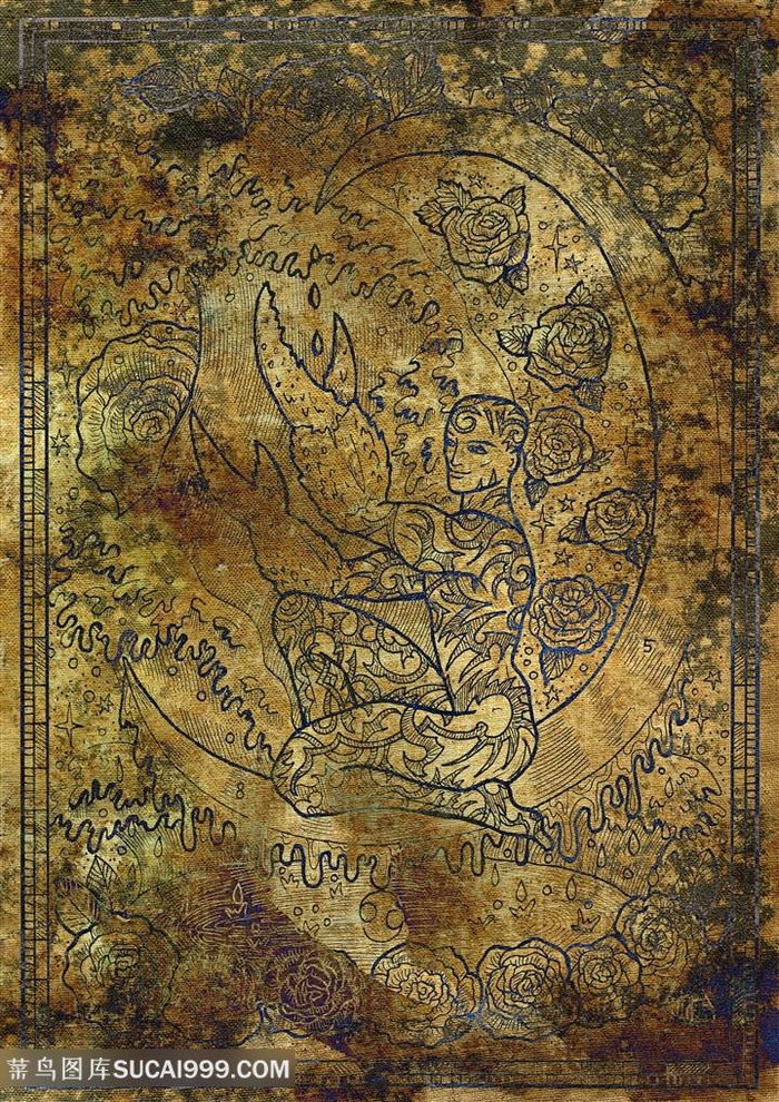 纹身男人与玫瑰金属十二星座底纹背景图片